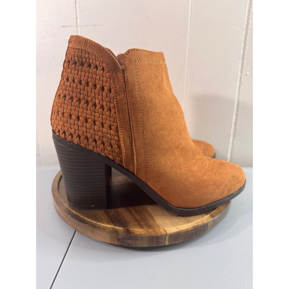 Bamboo Sword-12 Ankle Booties Women 7.5 Tan Good Woven Block Heel Zip Boots
